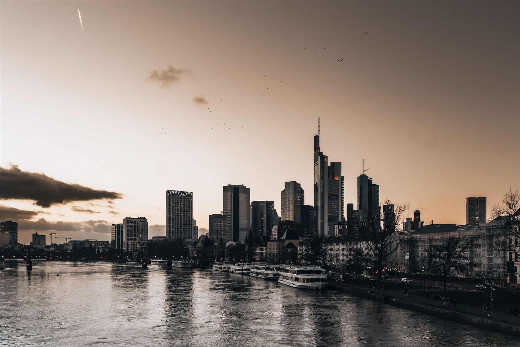Frankfurt am Main skyline and Main river at dusk, Germany